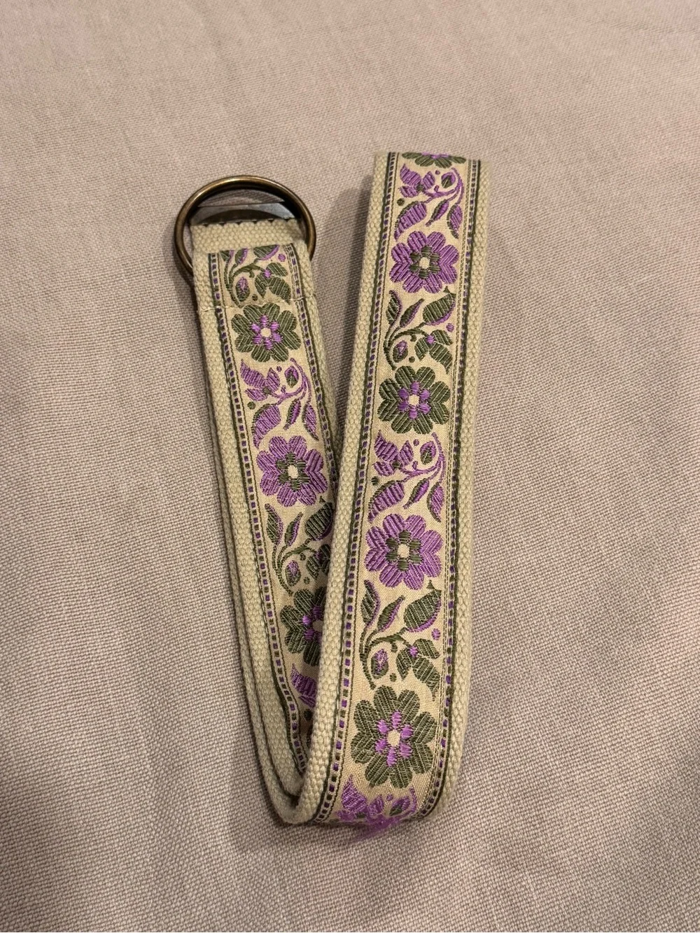Vintage Floral Woven Jacquard Canvas D-Ring Belt Purple Green Folk Cottagecore